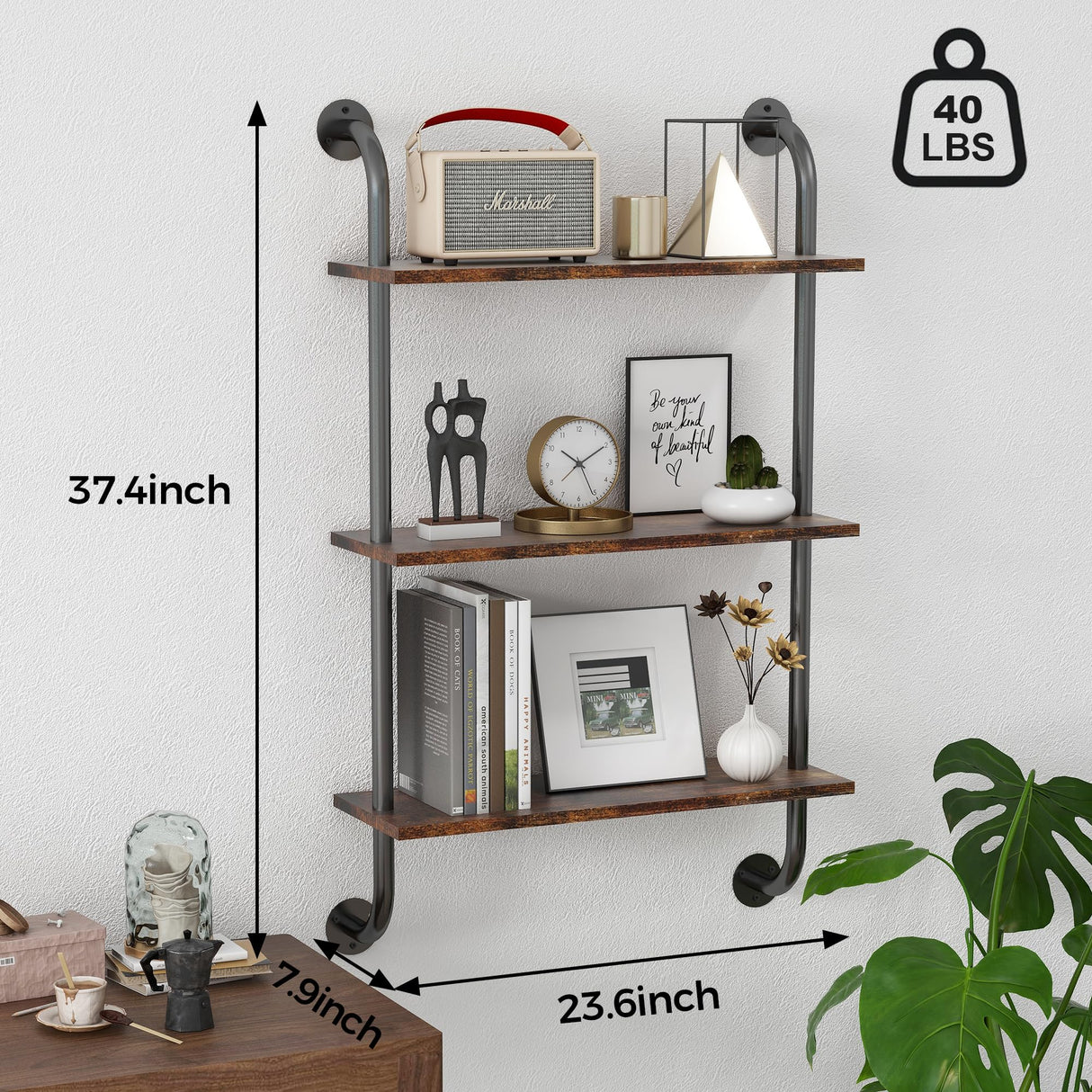 3 Tier Bathroom Floating Shelves 24 Inch, Over The Toilet Storage Shelf, Industrial Pipe