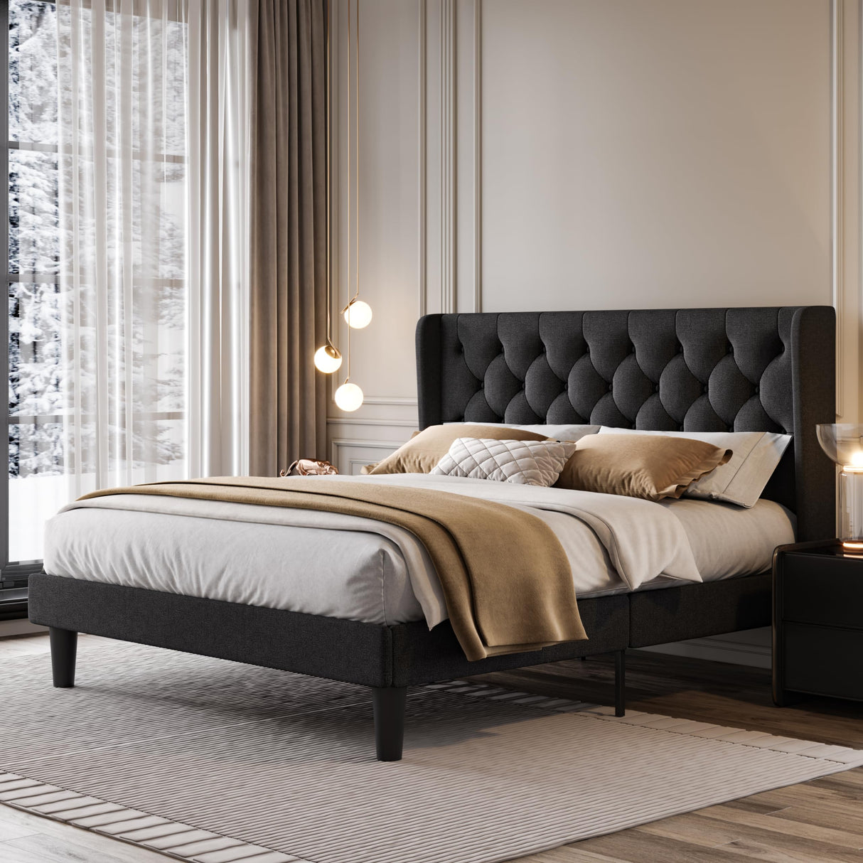 Full Size Platform Bed Frame with Upholstered Headboard and Wingback, Button Tufted