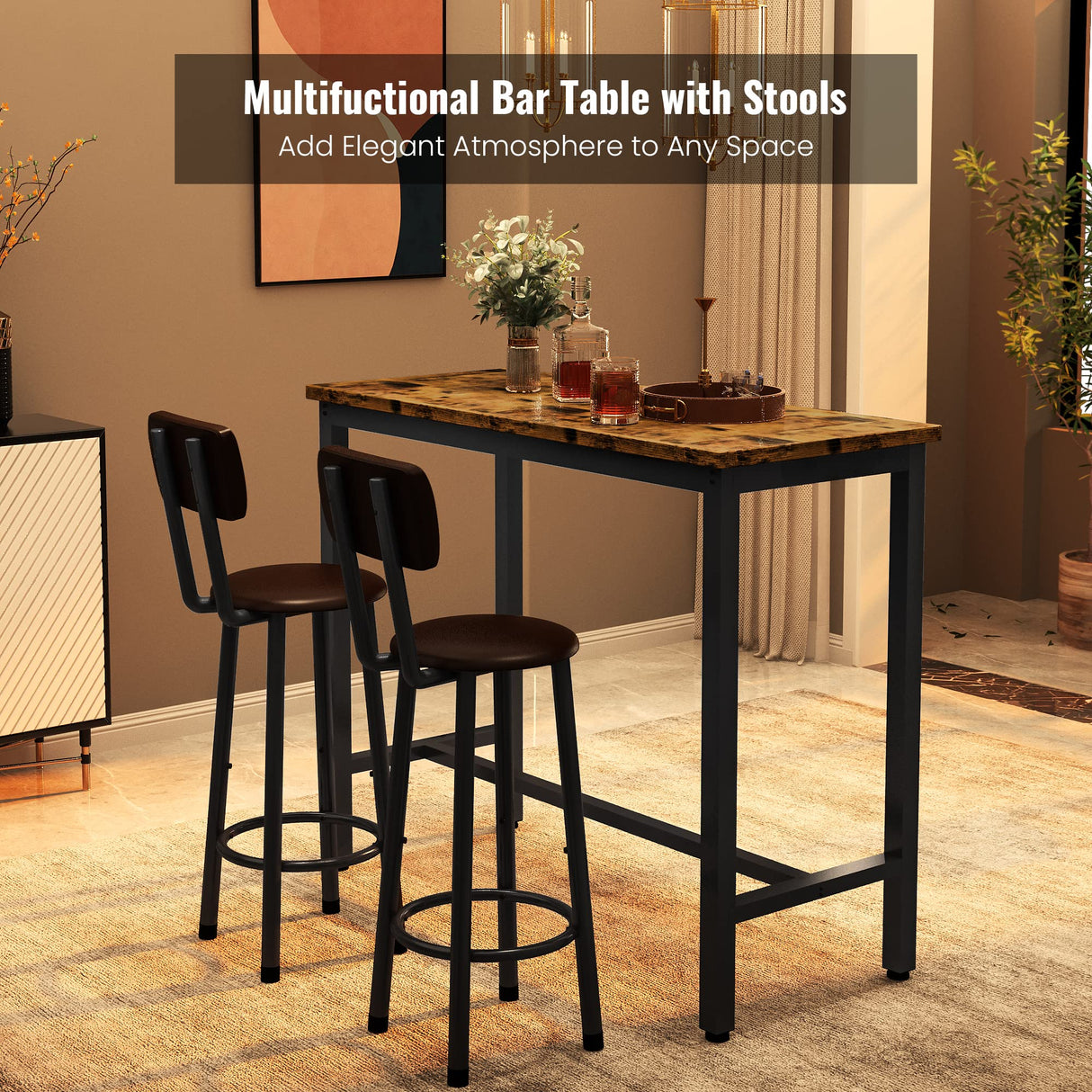 Bar Table Set of 2,39.3" Pub Height Table & 2 PU Upholstered Stools