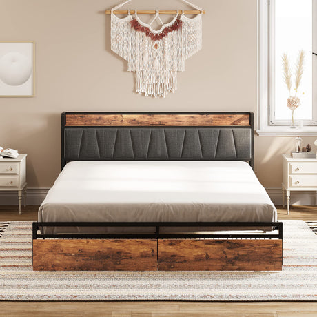 King Size Bed Frame, Storage Headboard with Charging Station