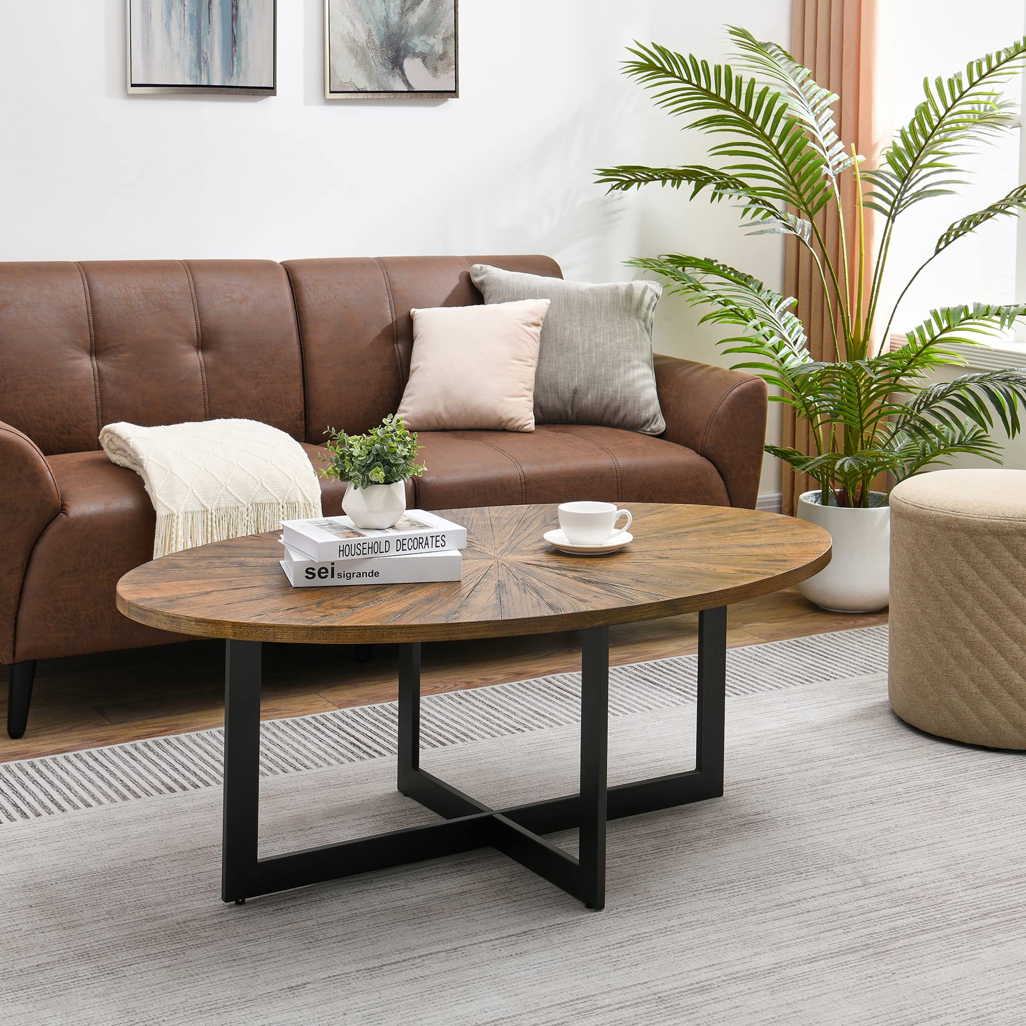 Solid Wood Oval Coffee Table with Metal Legs, 47.9