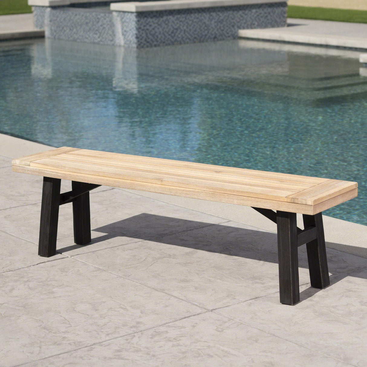 Bettina Outdoor Acacia Wood Dining Bench with Brushed Mahogany Legs