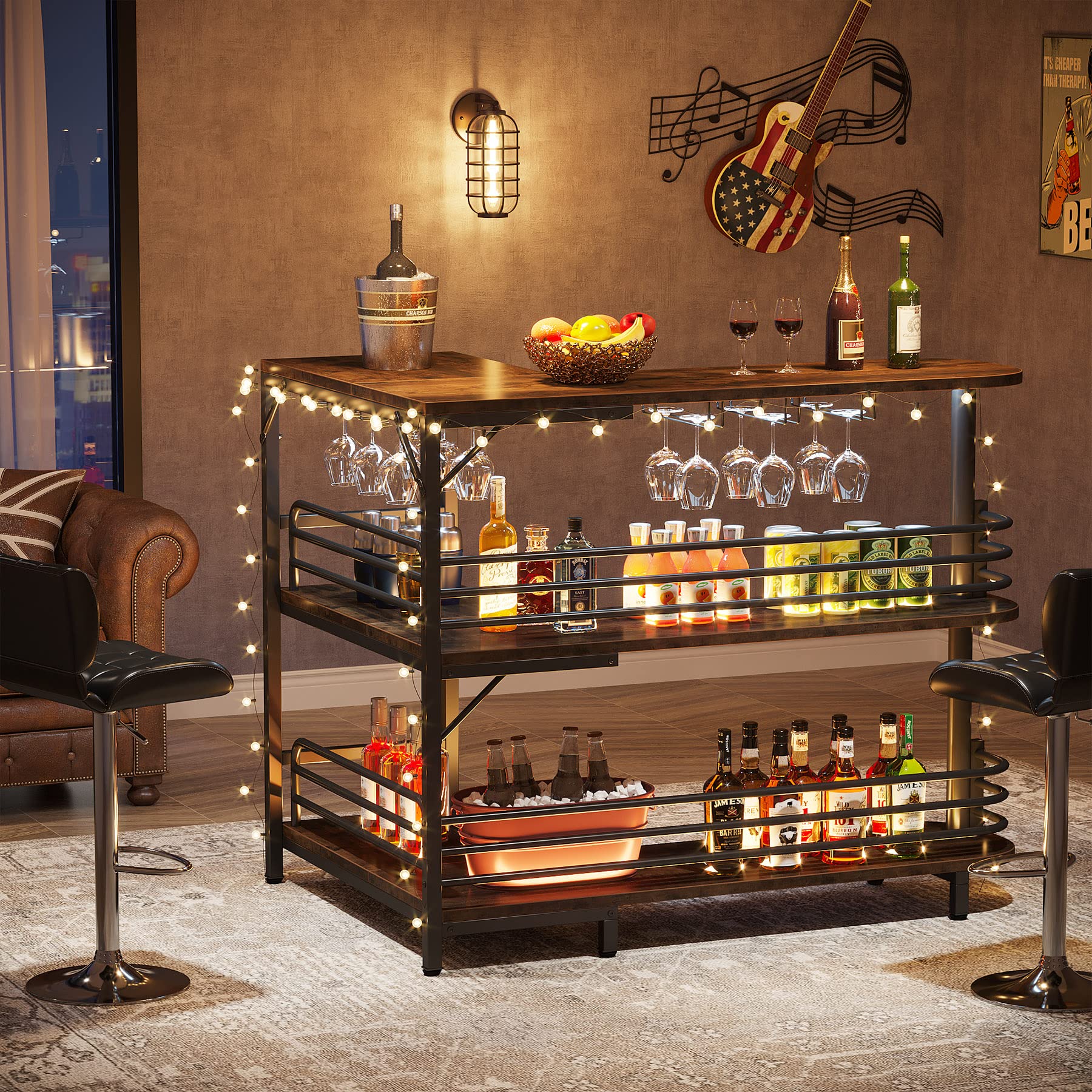 L-Shaped Home Bar Unit, 3 Tier Liquor Bar Table with Storage Shelves