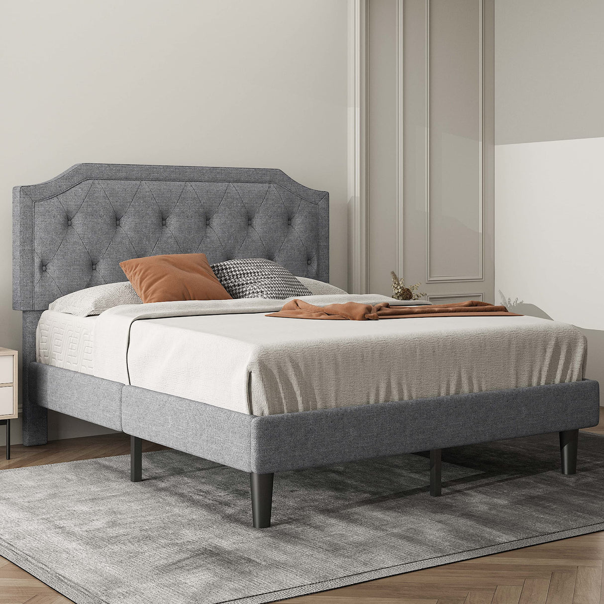 Upholstered Queen Size Platform Bed Frame with Adjustable