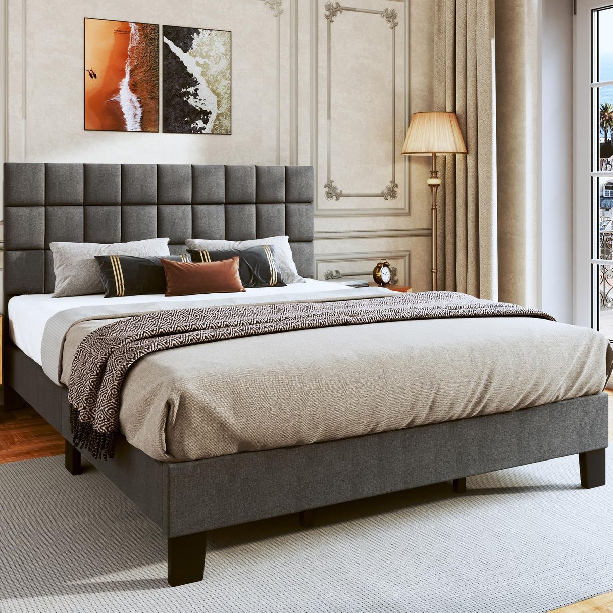 King Bed Frame Upholstered Bed Frame Platform with Adjustable Headboard Linen Fabric