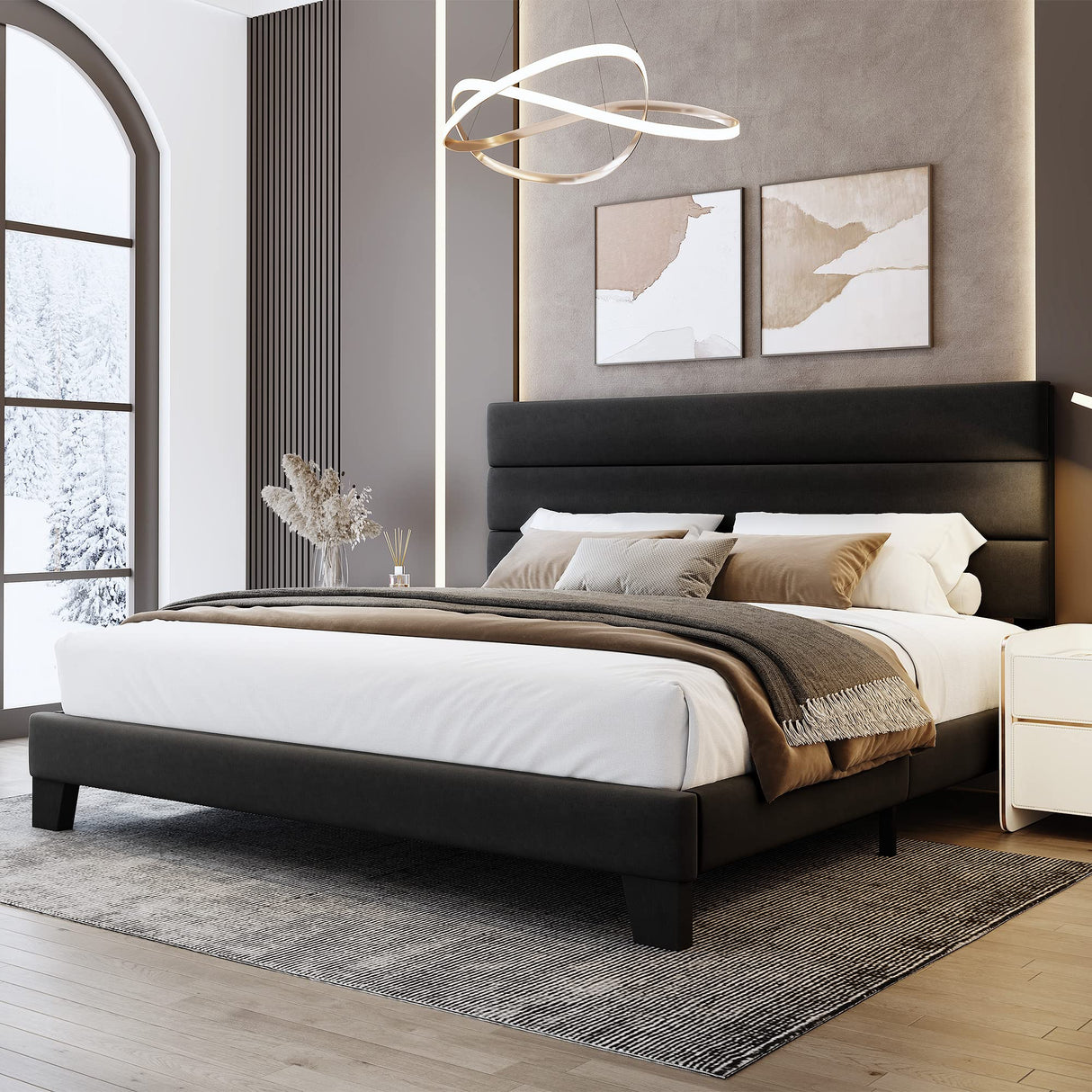 King Bed Frame Platform Bed with Velvet Upholstered Headboard