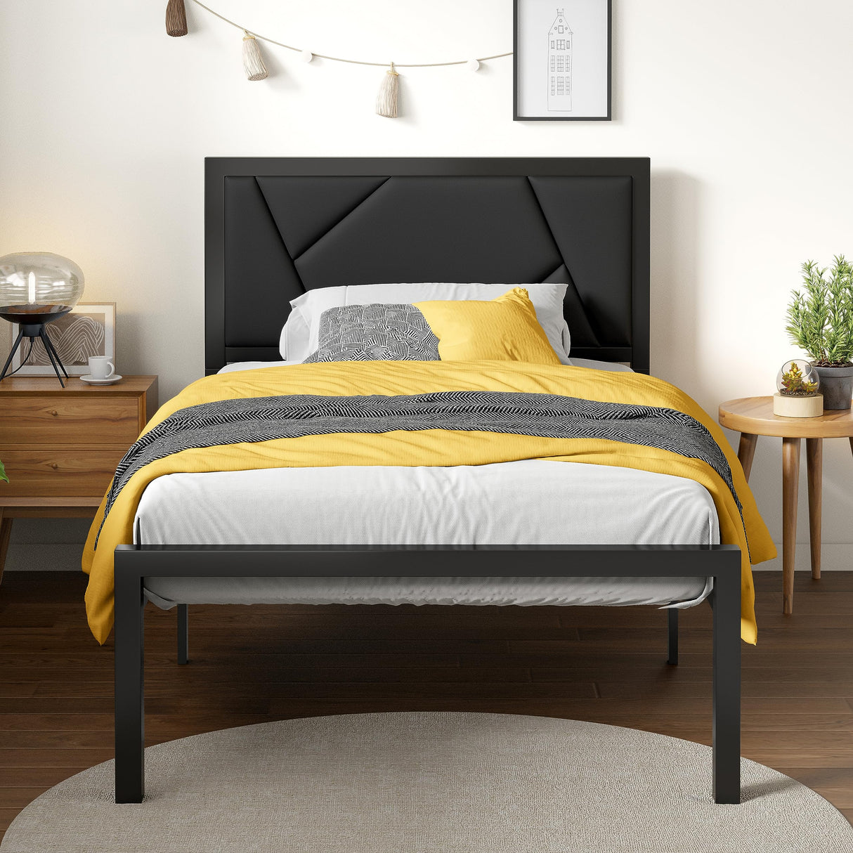 Metal Bed Frame with Litchi Grain Leather Upholstered Headboard