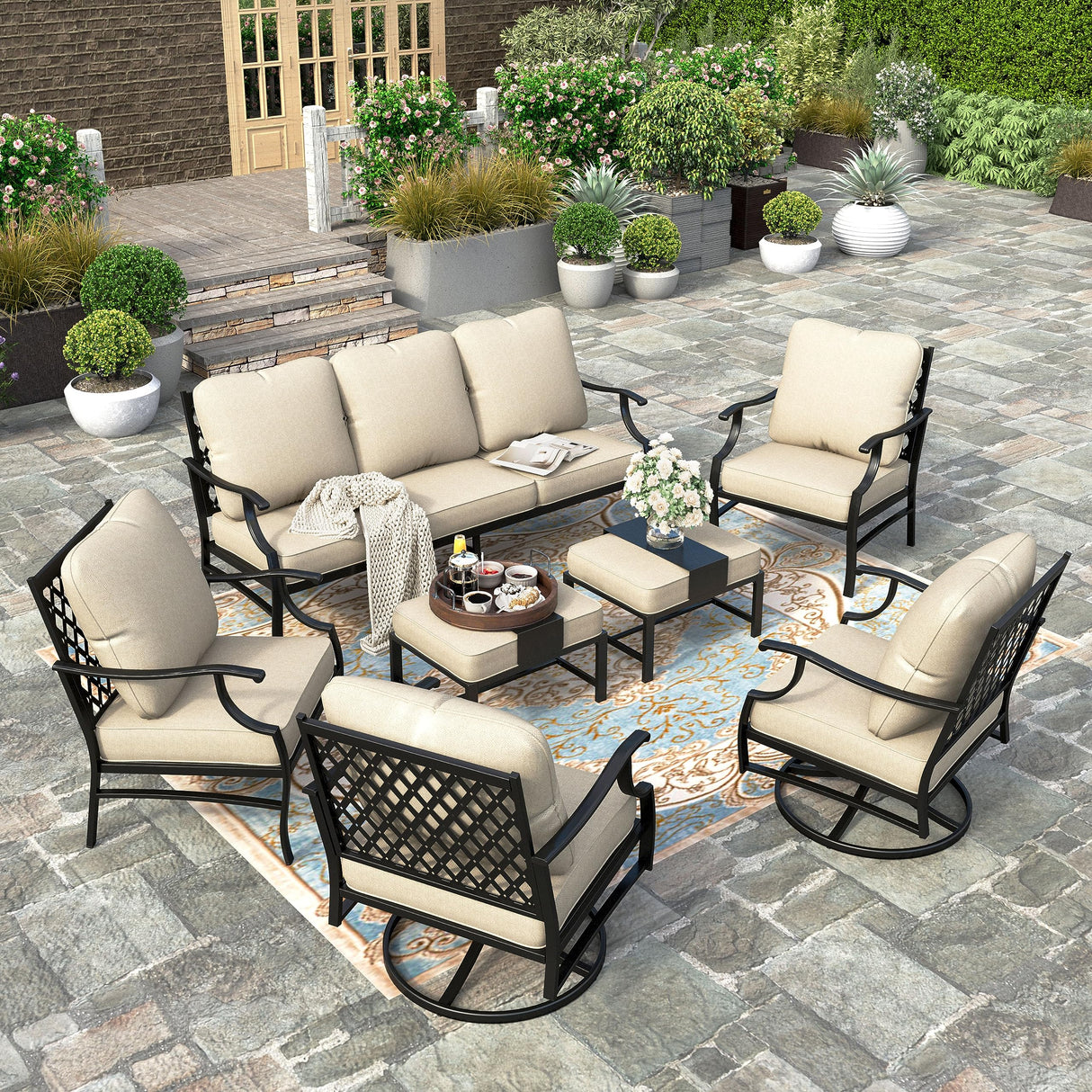 Patio Furniture Set, 2 x Swivel Chair, 2 x Fixed Chair, 2 x Ottoman, 1 x 3-Seat Sofa