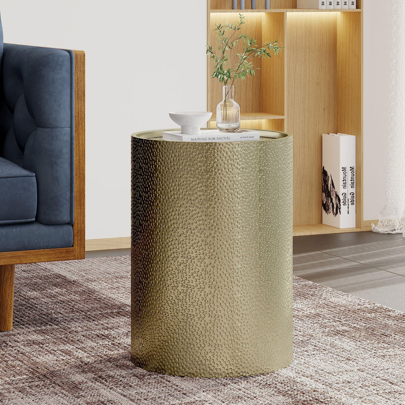 Rache Modern Round Accent Table with Hammered Iron, Gold