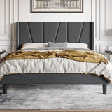 King Size Platform Bed Frame with Geometric Wingback Headboard