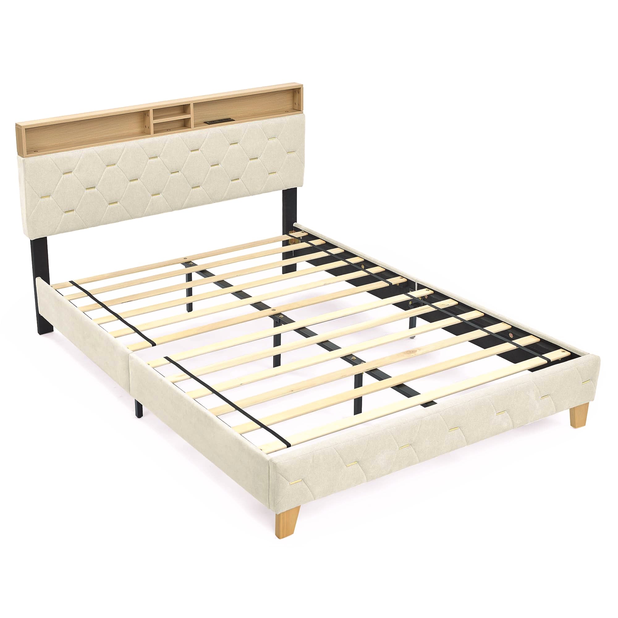 Queen Bed Frame with Storage Shelves & USB Charging Ports Headboard