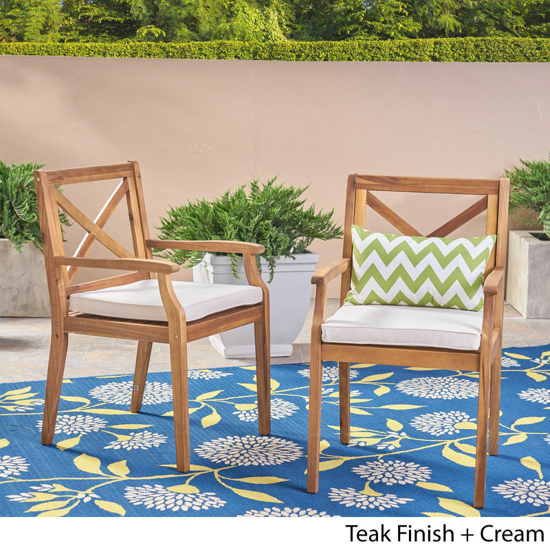 Peter Outdoor Acacia Wood Dining Chair Set of 2, Teak/Cream Cushion