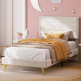 Twin Bed, Platform Bed Frame with Upholstered Headboard and Wooden Slats Support