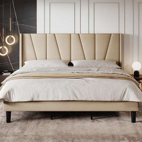 King Size Bed Frame with Geometric Wingback Headboard, Upholstered Platform Bed