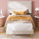 Twin Bed, Platform Bed Frame with Upholstered Headboard and Wooden Slats Support