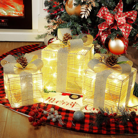 Lighted Christmas Boxes, 60 LEDs Lighted Deocr with Bowknots