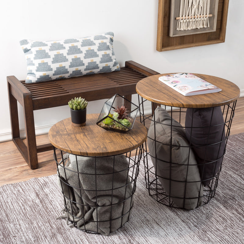 End Storage – Nesting Wire Basket Base and Wood Tops – Industrial Farmhouse Style Side Table