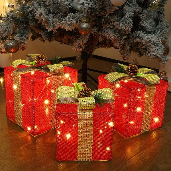 Set of 3 Lighted Gift Boxes Christmas Decorations, 60 LED Red Lighted Christmas Tree