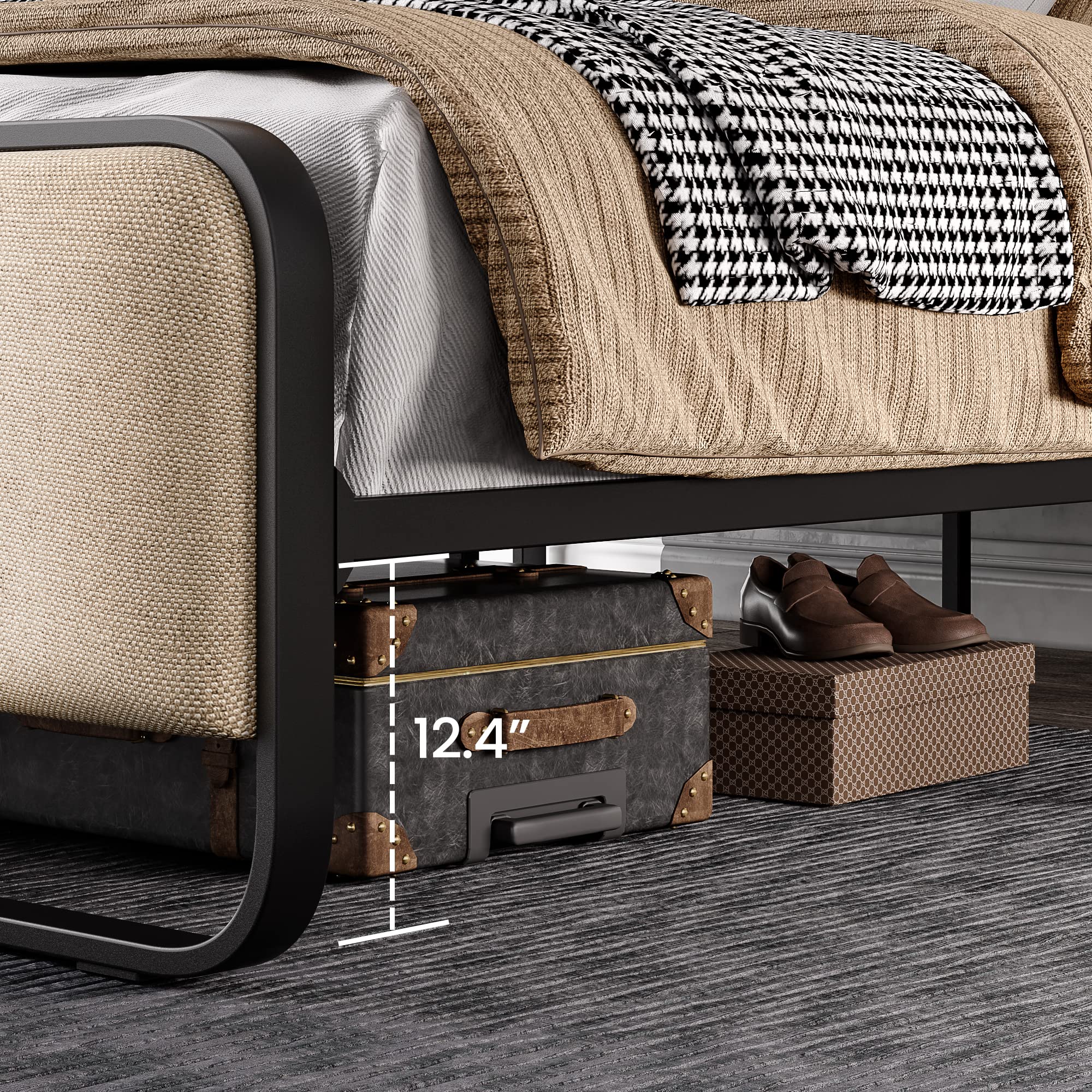 Full Size Platform Metal Bed Frame with Curved Upholstered Headboard and Footboard