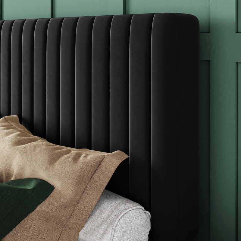 Queen Bed Frame, Velvet Upholstered Platform Bed with Vertical Channel Tufted Headboard