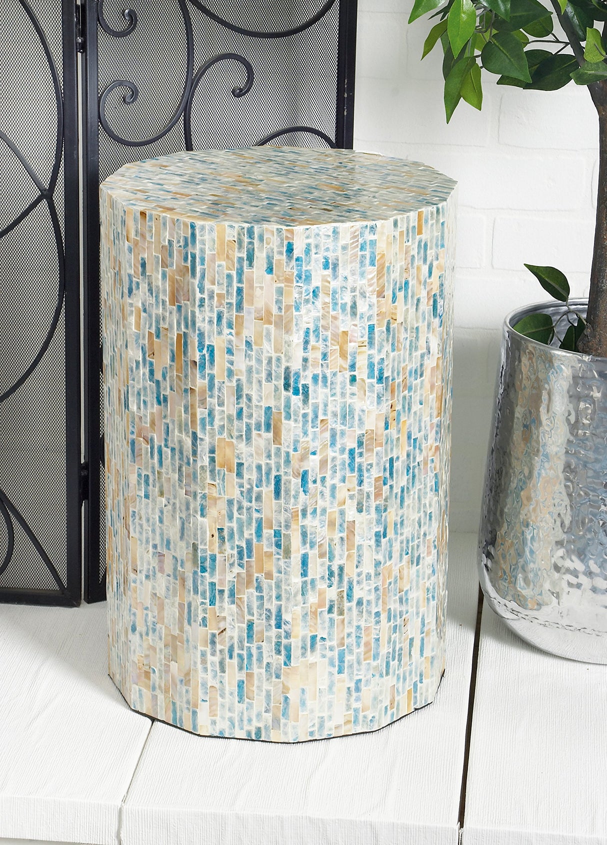 Mother of Pearl Handmade Accent Table, 13" x 13" x 19"