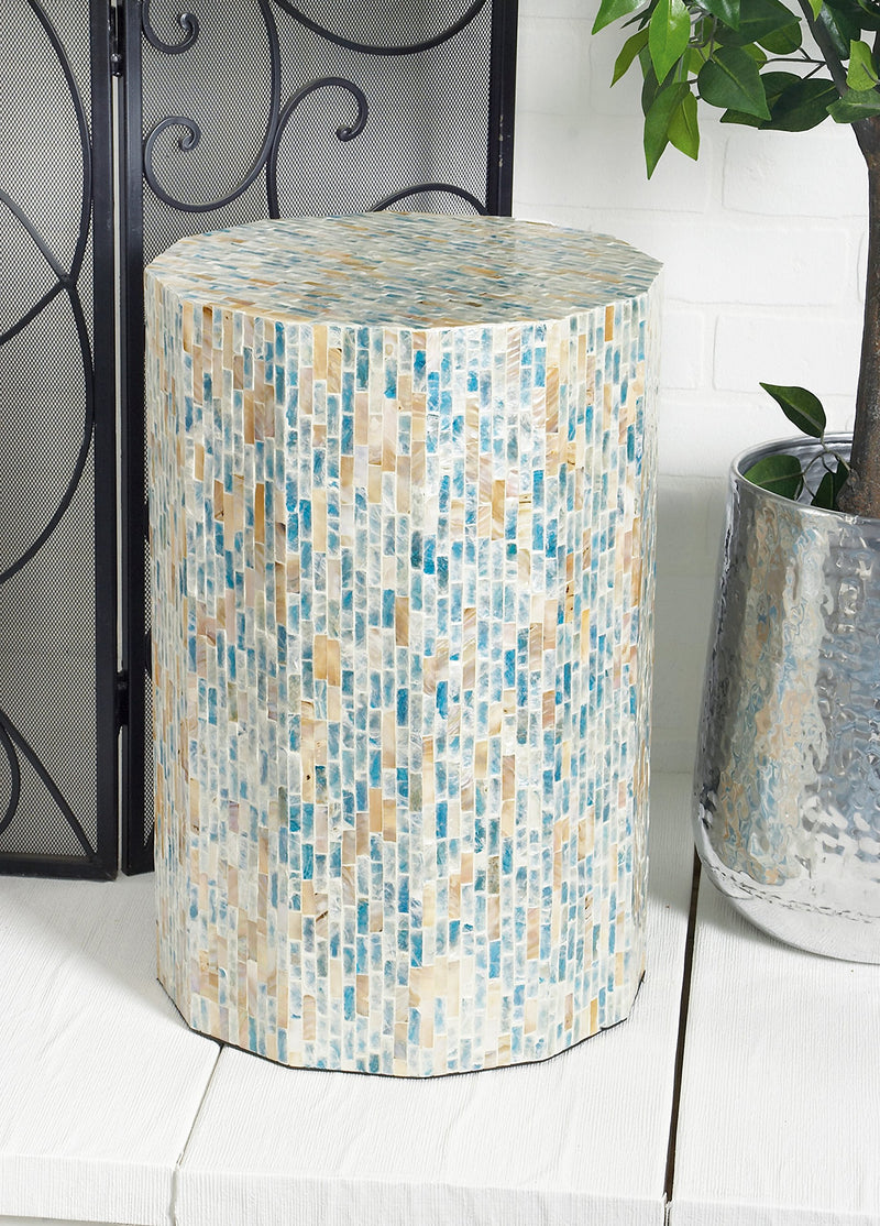Mother of Pearl Handmade Accent Table, 13" x 13" x 19", Blue