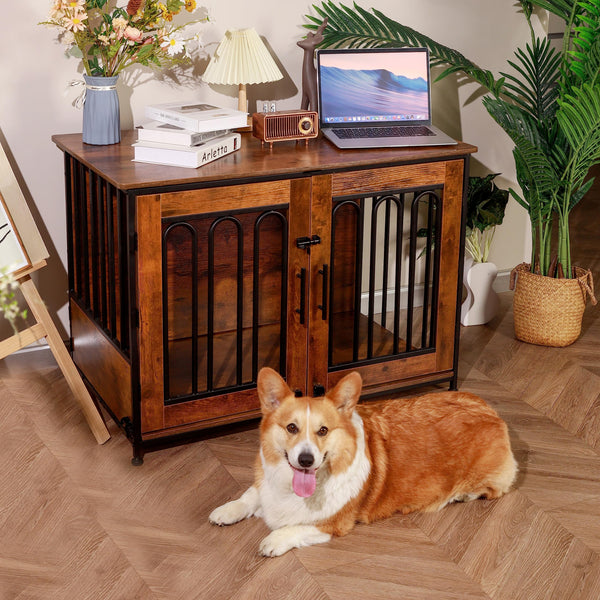 Dog Crate Furniture, 39.37" Double Doors Wooden Dog Kennel End Table, Indoor Dog House