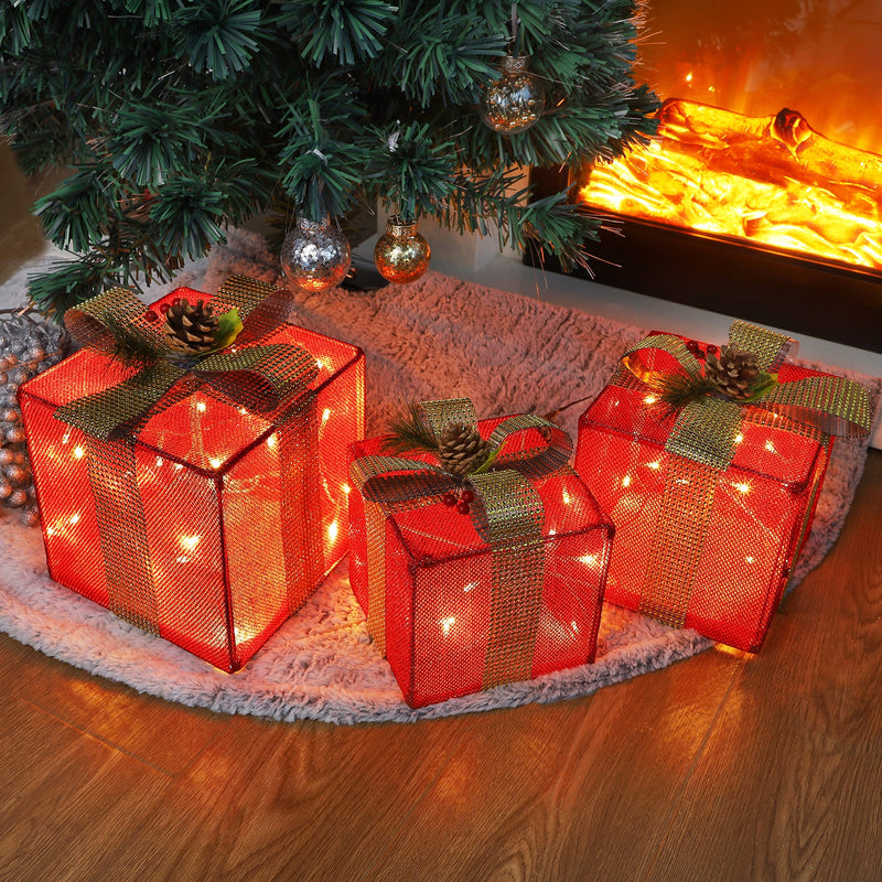 Set of 3 Lighted Gift Boxes Christmas Decorations, 60 LED Red Lighted Christmas Tree