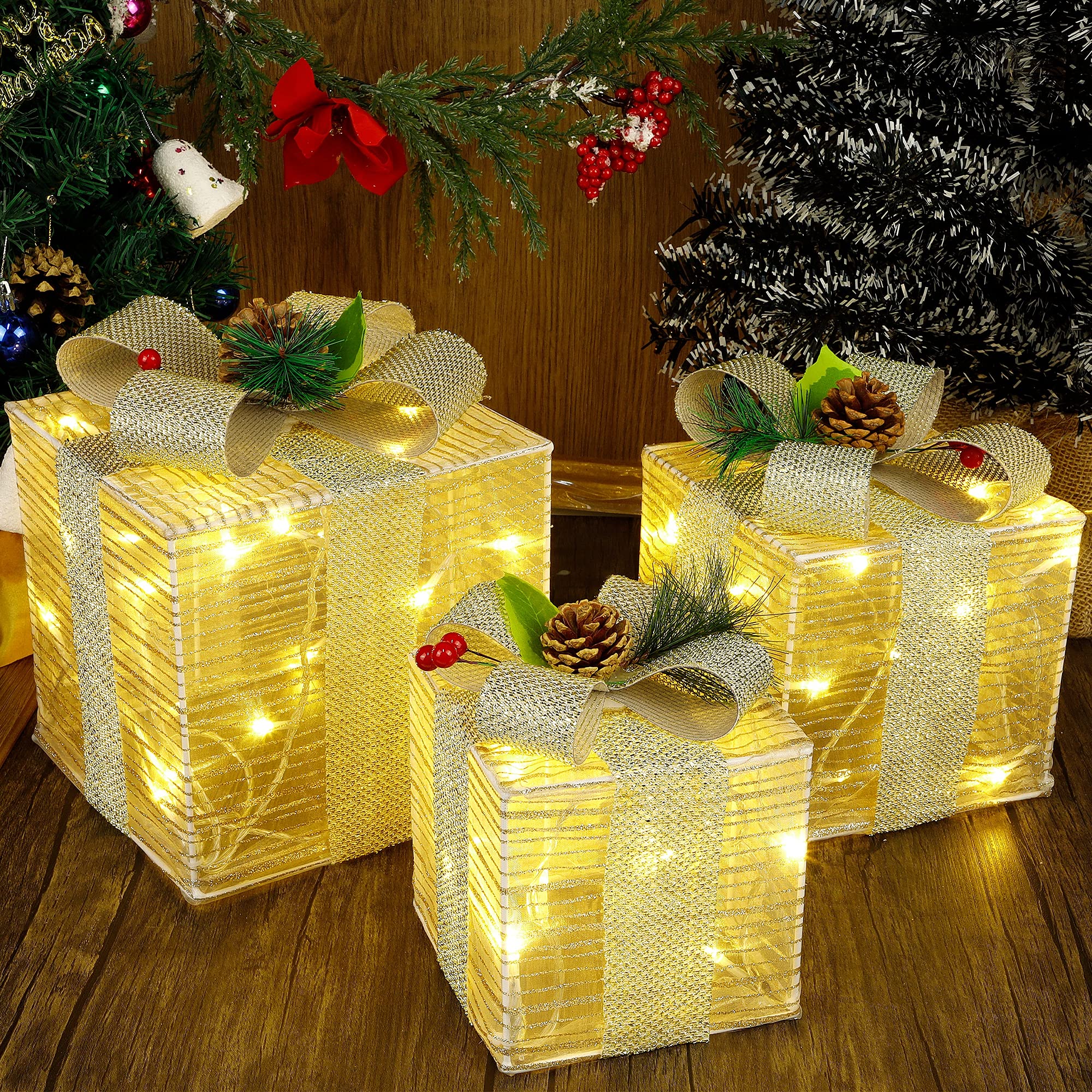 Lighted Christmas Boxes, 60 LEDs Lighted Deocr with Bowknots
