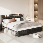 King Bed Frame with Storage Headboard & Footboard, Upholstered Platform Bed with USB