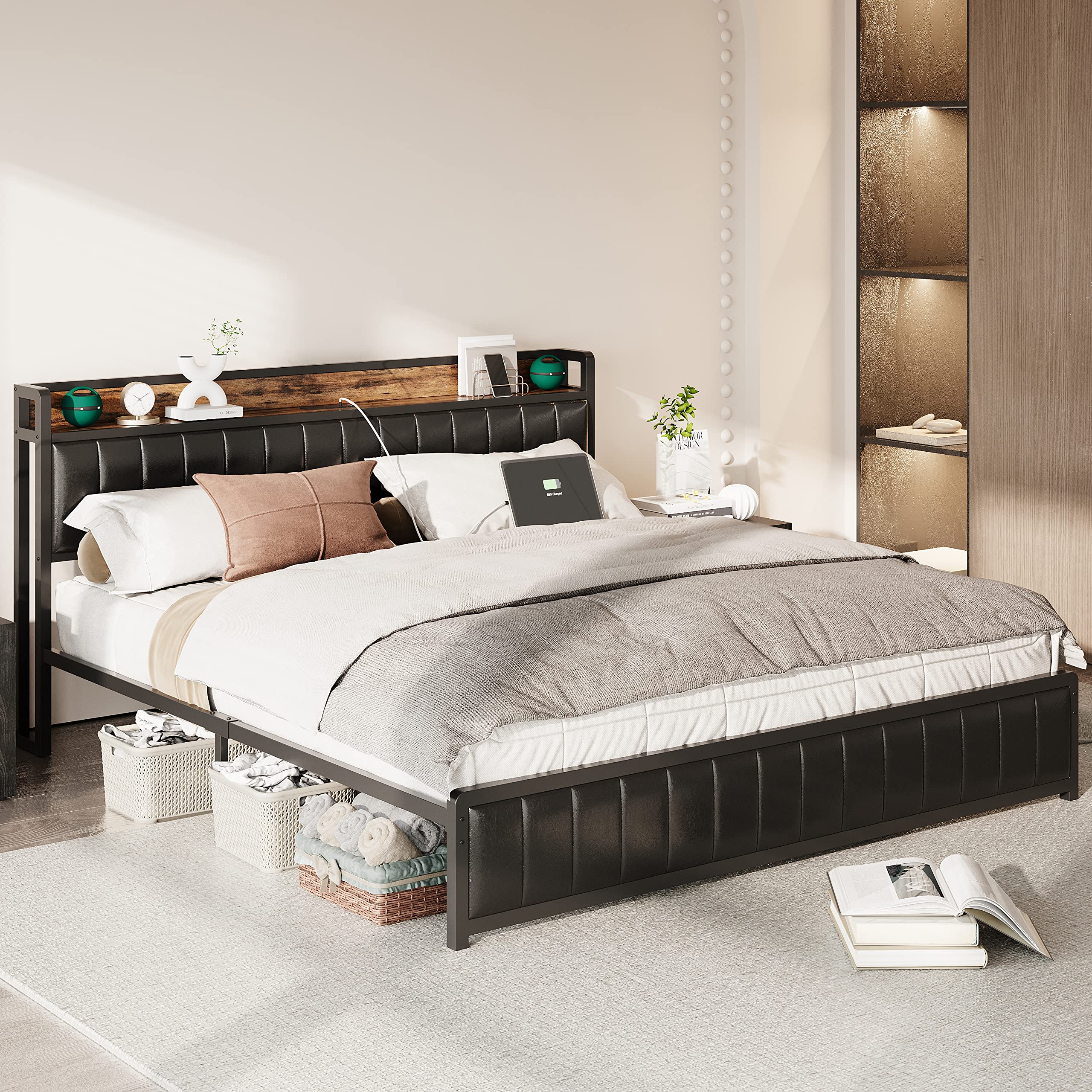 King Bed Frame with Storage Headboard & Footboard, Upholstered Platform Bed with USB