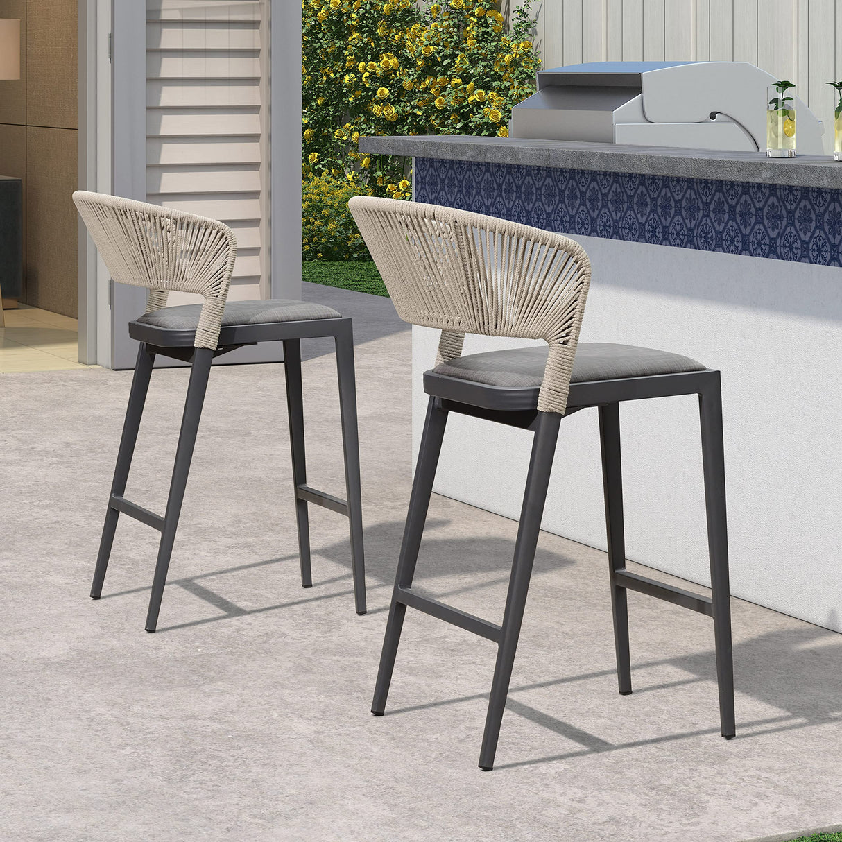 Counter Height Bar Stool Set of 2 Modern Aluminum Rattan Wicker Outdoor Barstools