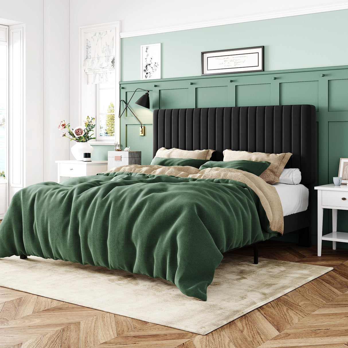 Queen Bed Frame, Velvet Upholstered Platform Bed