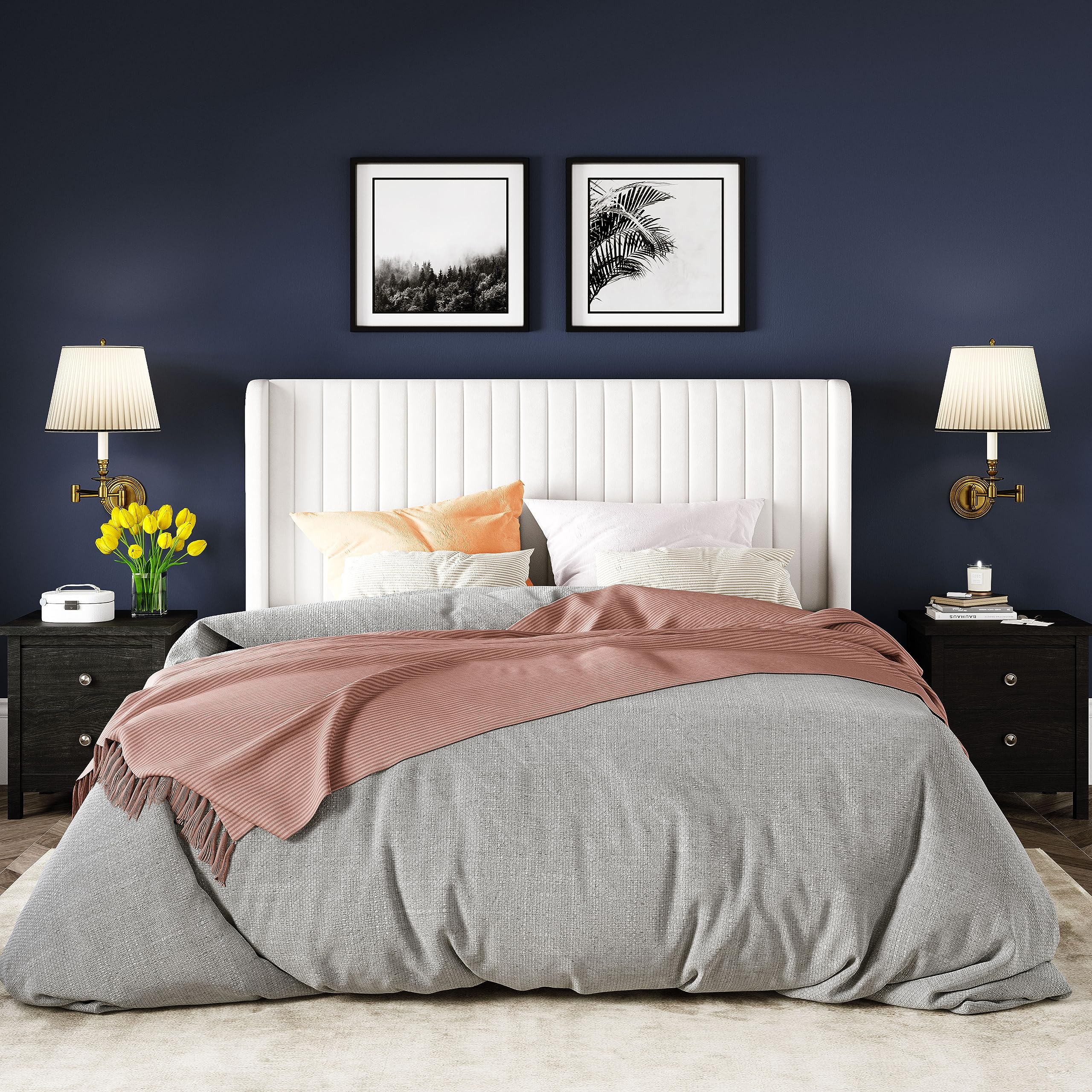 Queen Size Velvet Bed Frame/Vertical Channel Tufted Wingback Headboard/Upholstered