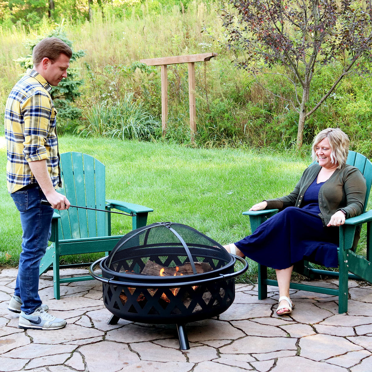 Black Crossweave Large Outdoor Fire Pit - 36-Inch Wood-Burning Fire Pit