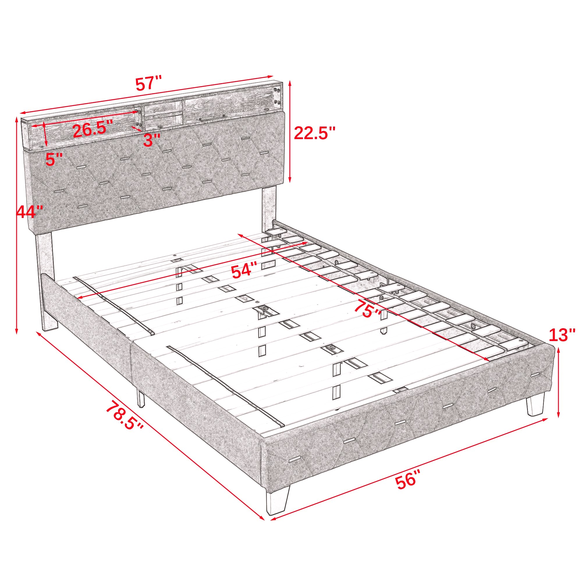 Storage Shelves & USB Charging Ports Headboard, Modern Beige
