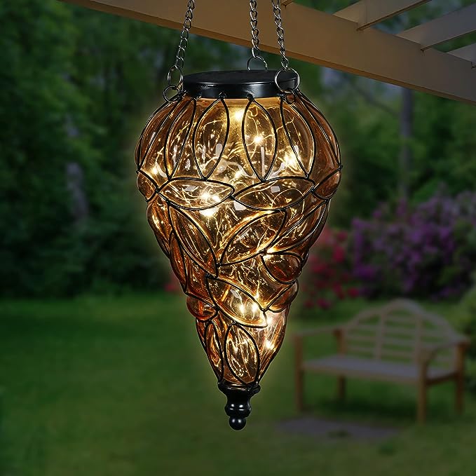 Outdoor Garden Solar Lights, Tear-Shaped Glass Metal Hanging Lantern