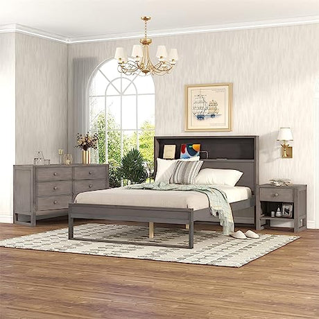 3-Piece Bedroom Set Full Size Wood Platform Bed Frame