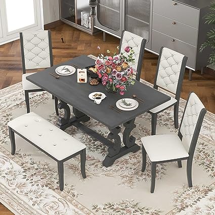 6 Piece Dining Table Set Farmhouse Style Soild Wood Kitchen