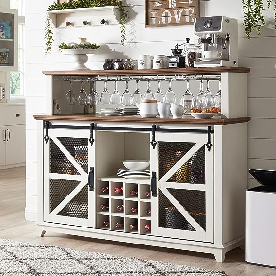 Coffee Bar Cabinet with Storage, 55" Farmhouse Kitchen Buffet Sideboard