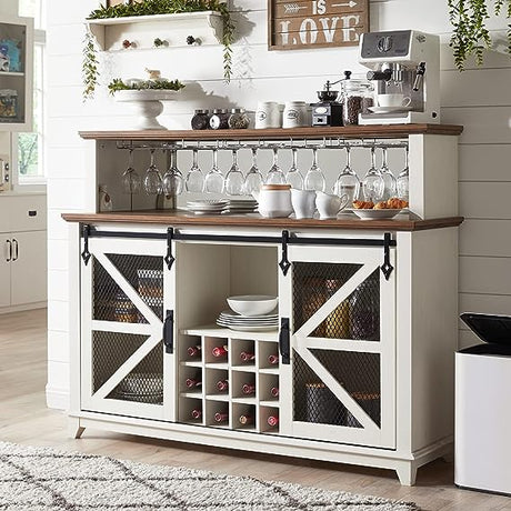 Coffee Bar Cabinet with Storage, 55" Farmhouse Kitchen Buffet Sideboard