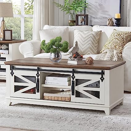 48'' Coffee Table with Storage & Sliding Barn Doors, Farmhouse & Industrial Center Table w/Adjustable Shelves