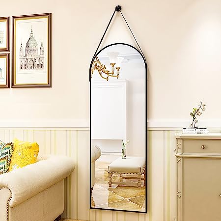 16"x48" Oval Hanging Mirror with Leather Strap Full Length Mirror Aluminum Frame Wall-Mounted Hanging Mirrors for Bathroom Vanity Living Room Bedroom Entryway Decor