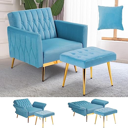 Velvet Accent Chair with Adjustable Armrests and Backrest, Button Tufted Chair