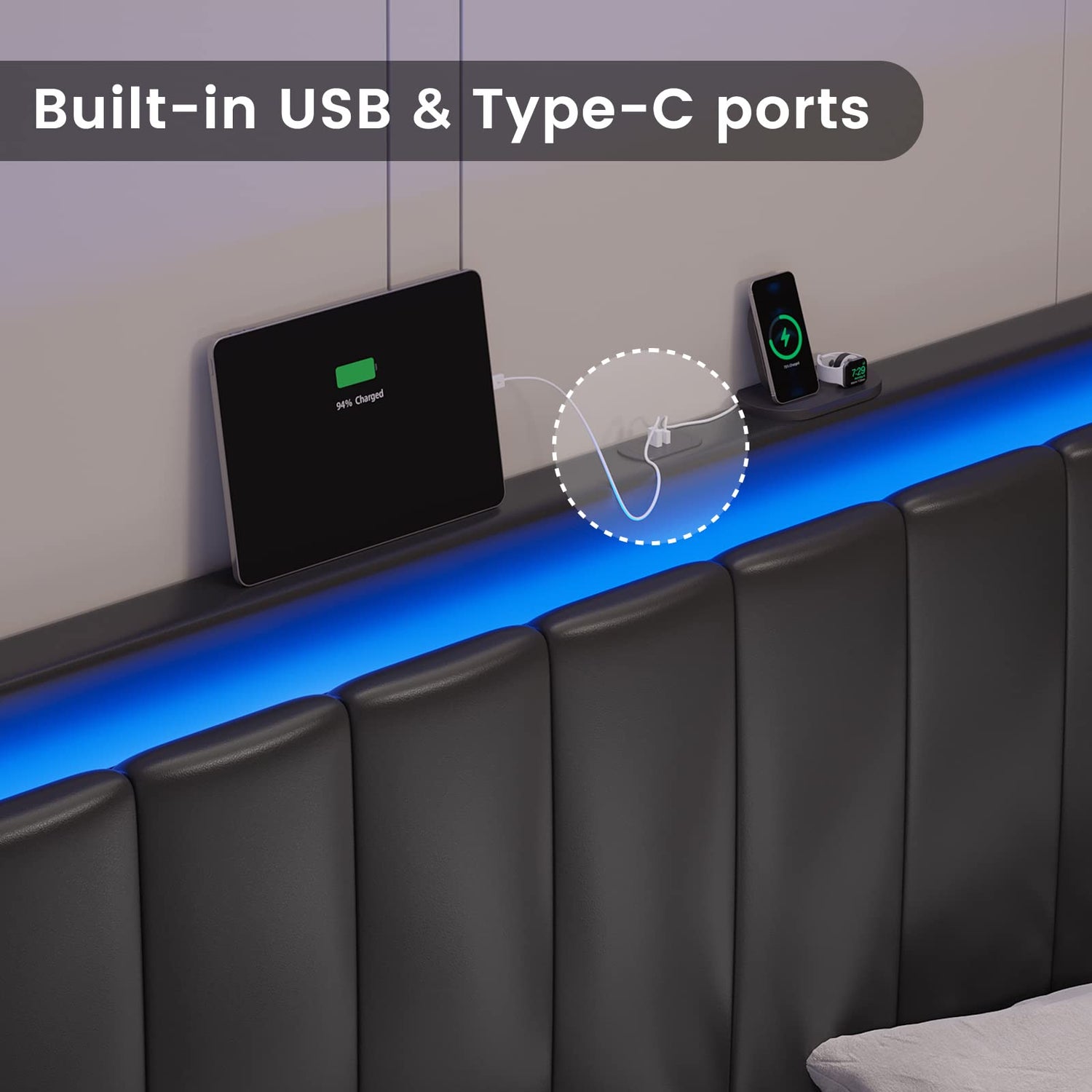 Bed Frame with Built-in USB & Type-C Ports for Charging