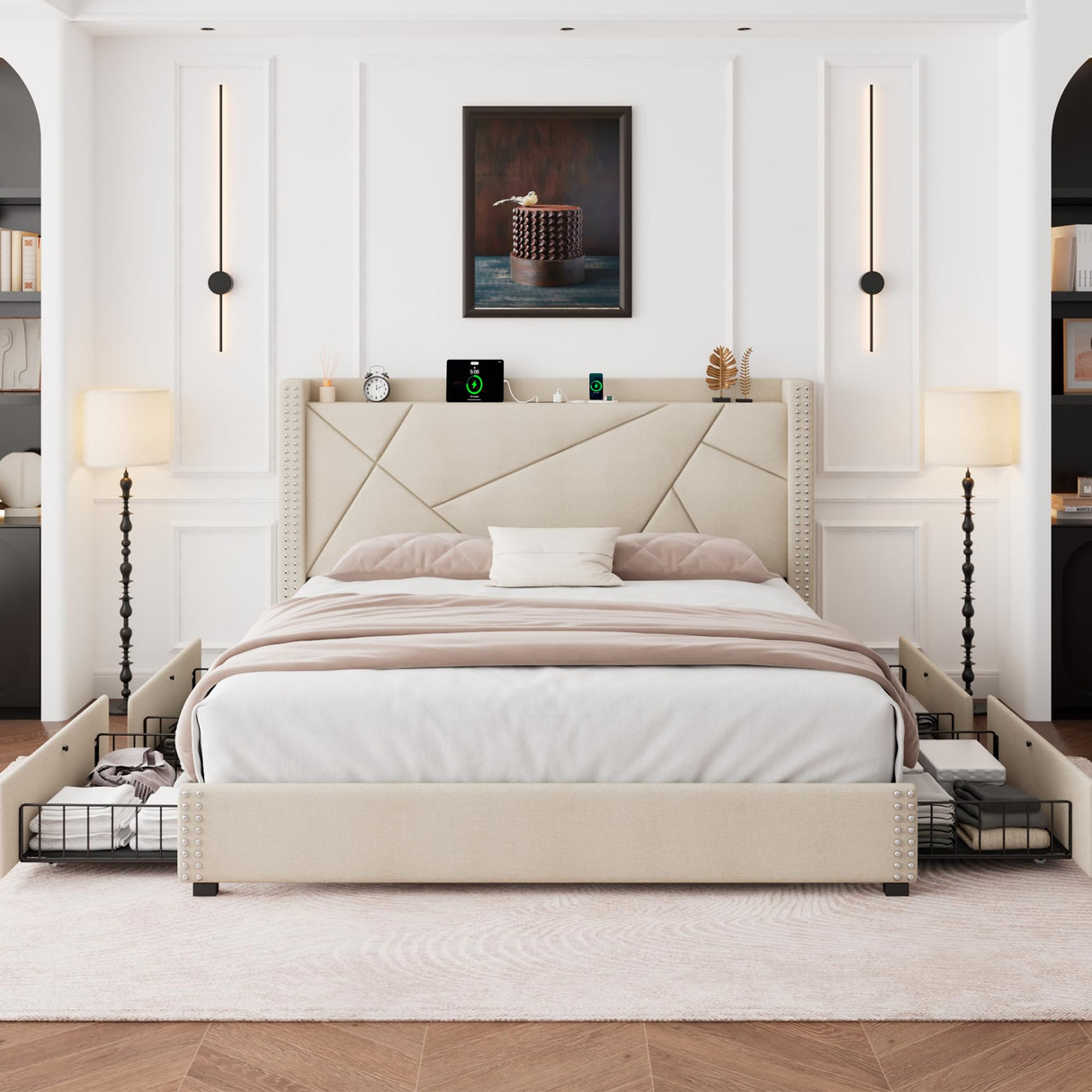 Bed Frame with Storage Drawers & Charging Station - Beige