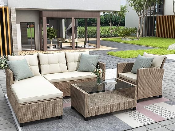 4-Pieces Outdoor Wicker Sofa Set, Patio Furniture with Colorful Pillows
