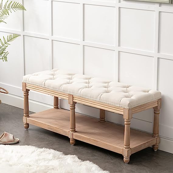 Tufted Extra-Long Entryway Bench, Vintage Bedroom Bench Upholstered