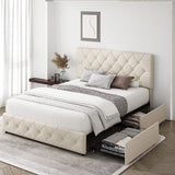 Modern Upholstered Bed Frame with 4 Drawers, Button Tufted Headboard Design