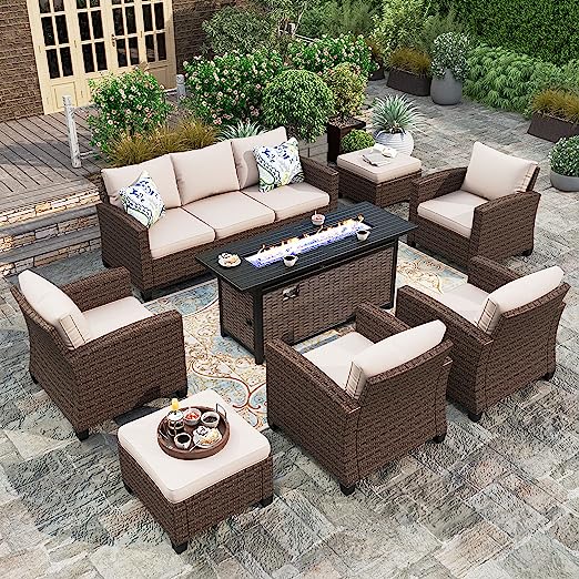 8 Pieces Wicker Patio Furniture Set with Fire Pit Table